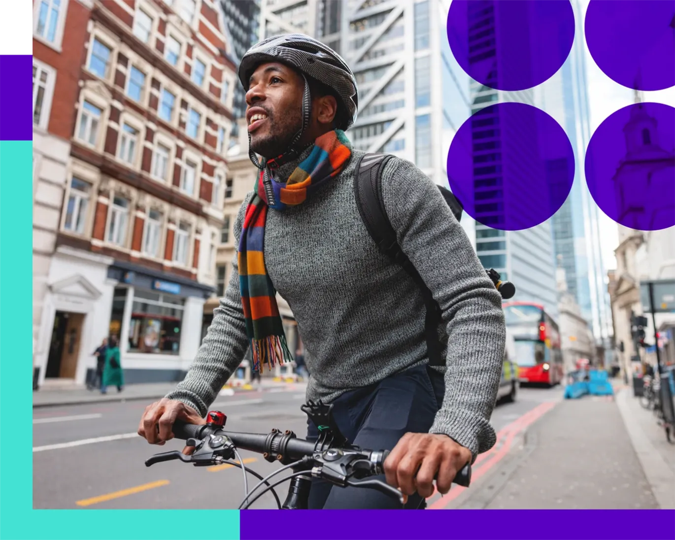 Young man riding a bicycle through a busy city street.